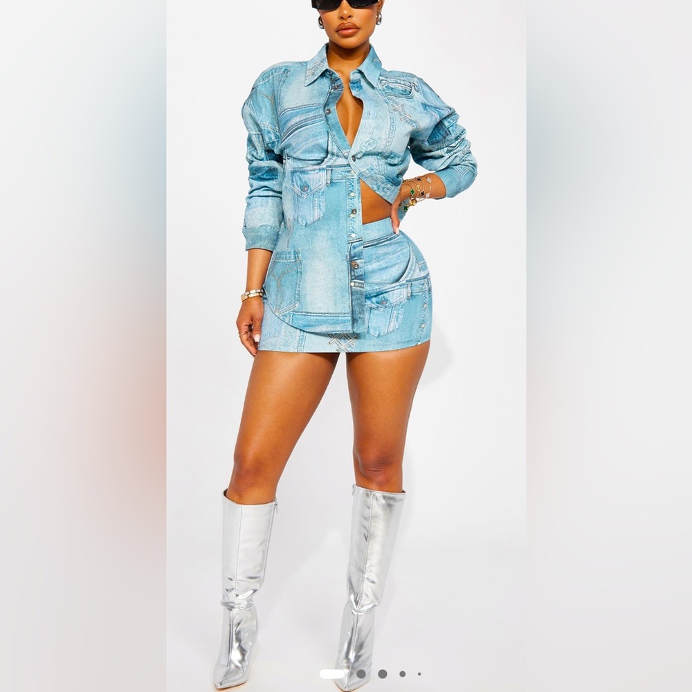 Social Season Denim Skirt Set - Blue